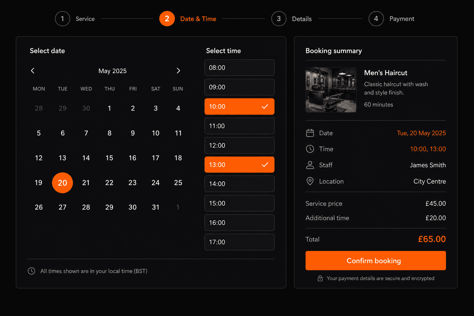 Customer booking platform interface
