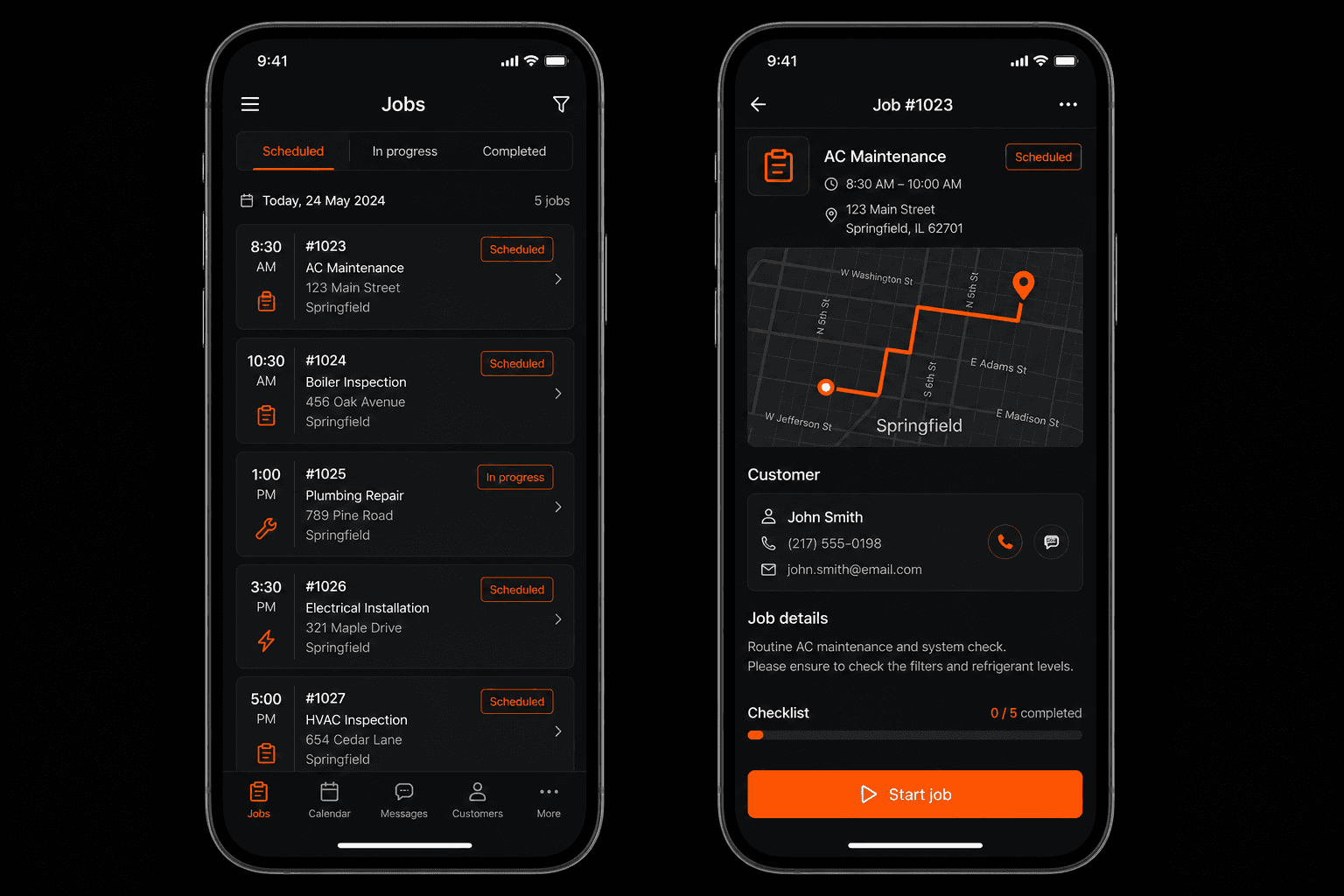 Field-services mobile app shown on two phones